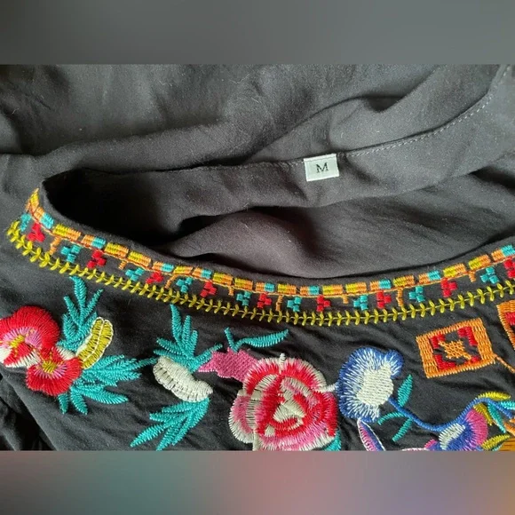 Embroidered Colorful Bold Floral Women's Blouse Shirt Black V-Neck Southwestern - Picture 4 of 16